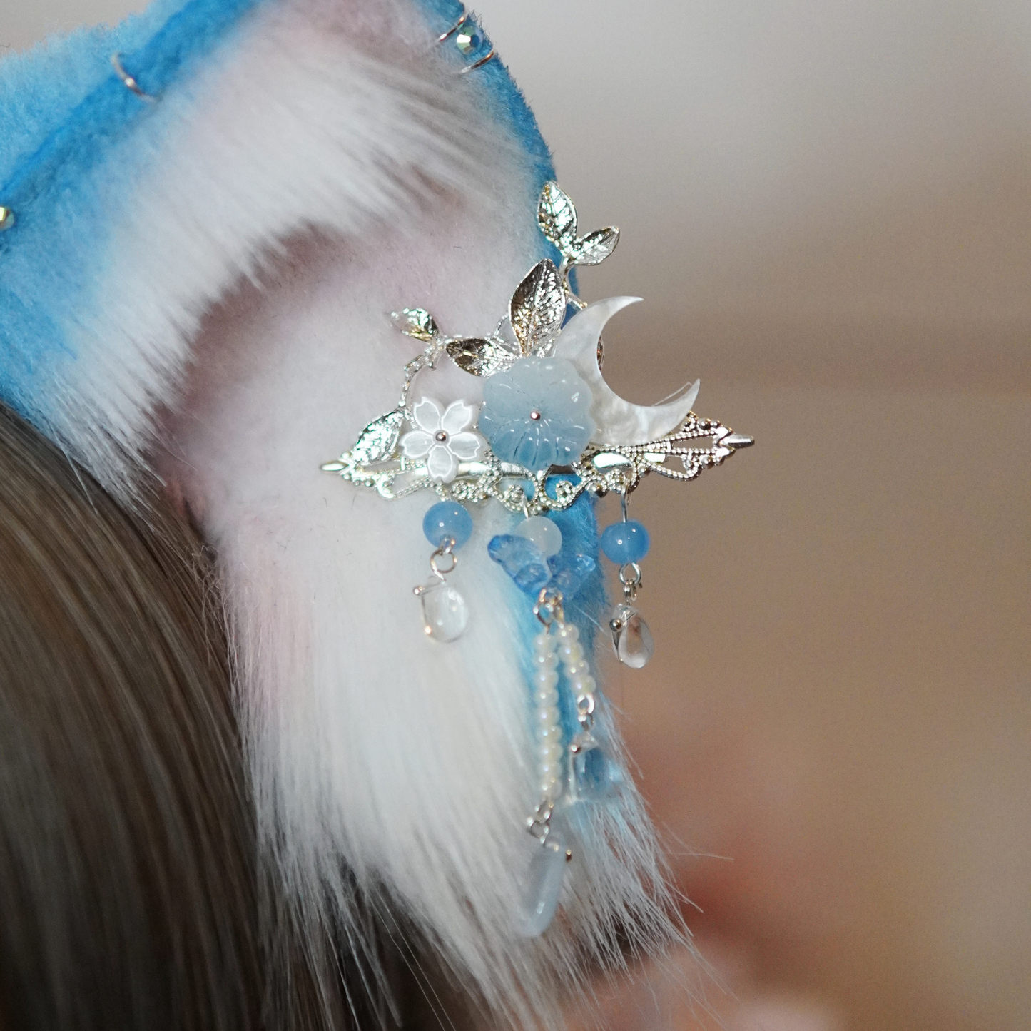 Ready to ship - Blue and Nude Fantasy Kitsune Cosplay Ears With Charms