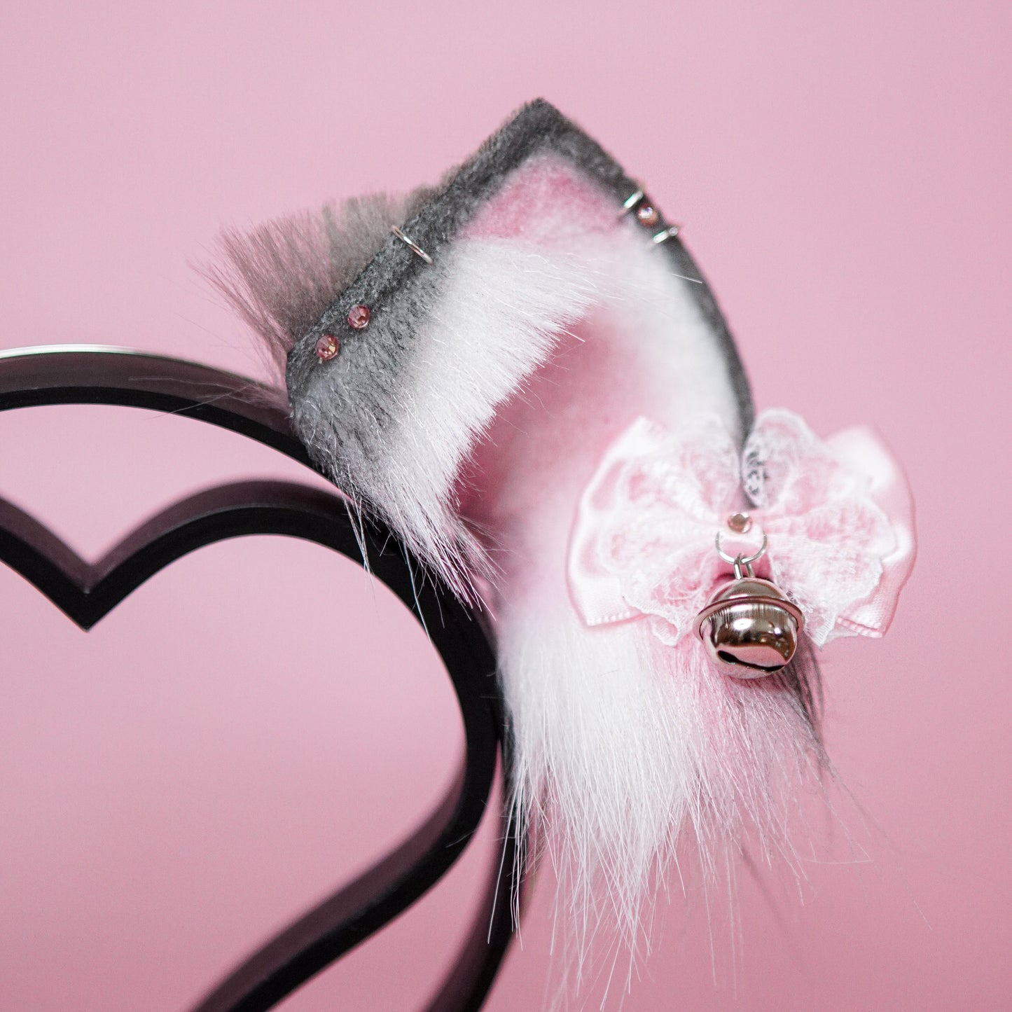 Cat Ears Kitty Ears Faux Fur Ears in Grey or Black with Charms