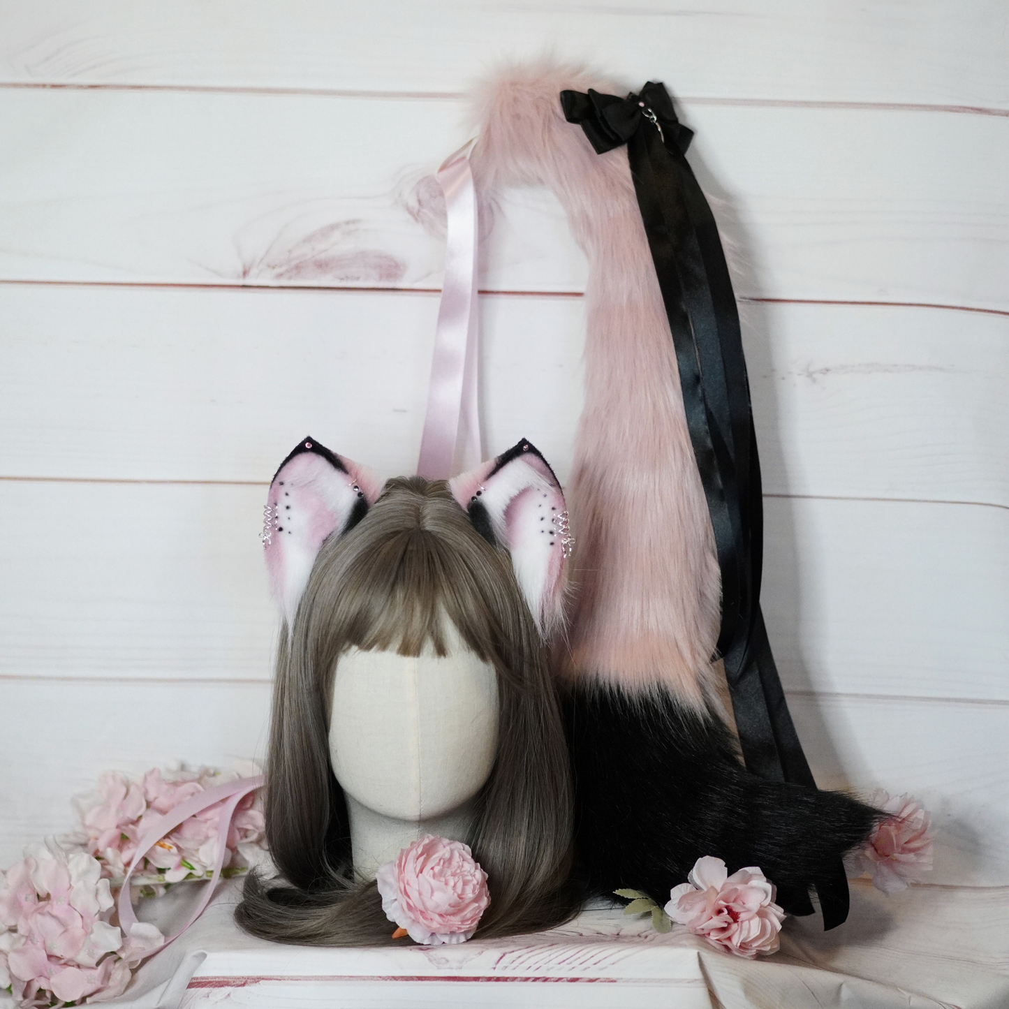 (Ready For Ship) Pink And Black Fantasy Charming Cat Ears + Tail