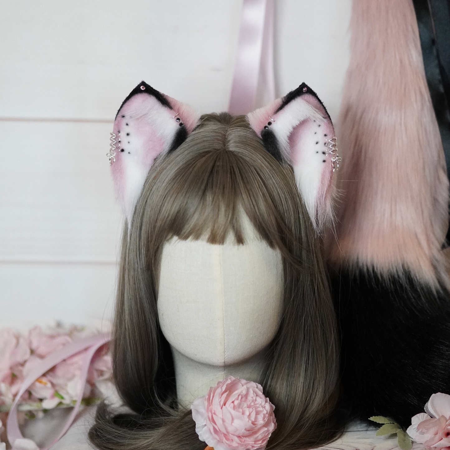 (Ready For Ship) Pink And Black Fantasy Charming Cat Ears + Tail