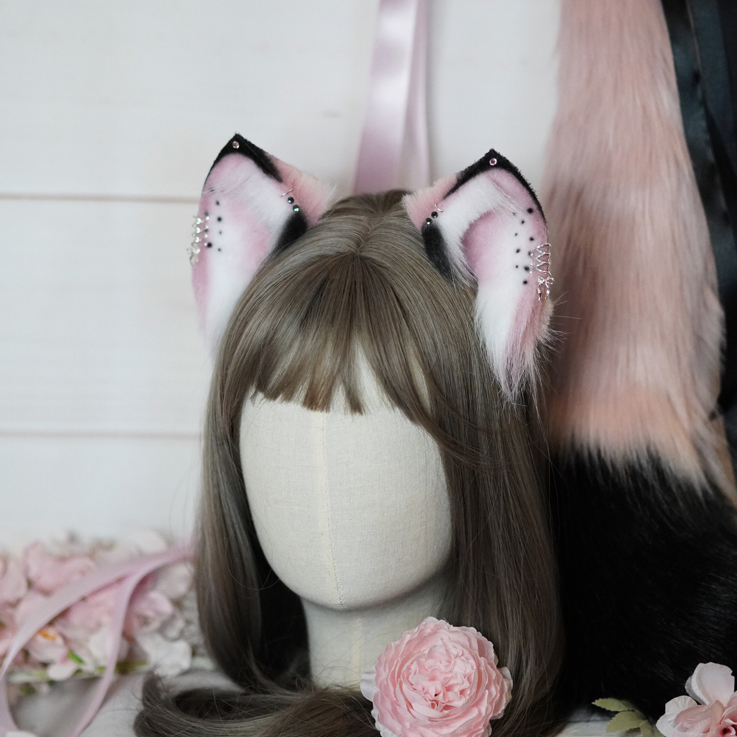 (Ready For Ship) Pink And Black Fantasy Charming Cat Ears + Tail