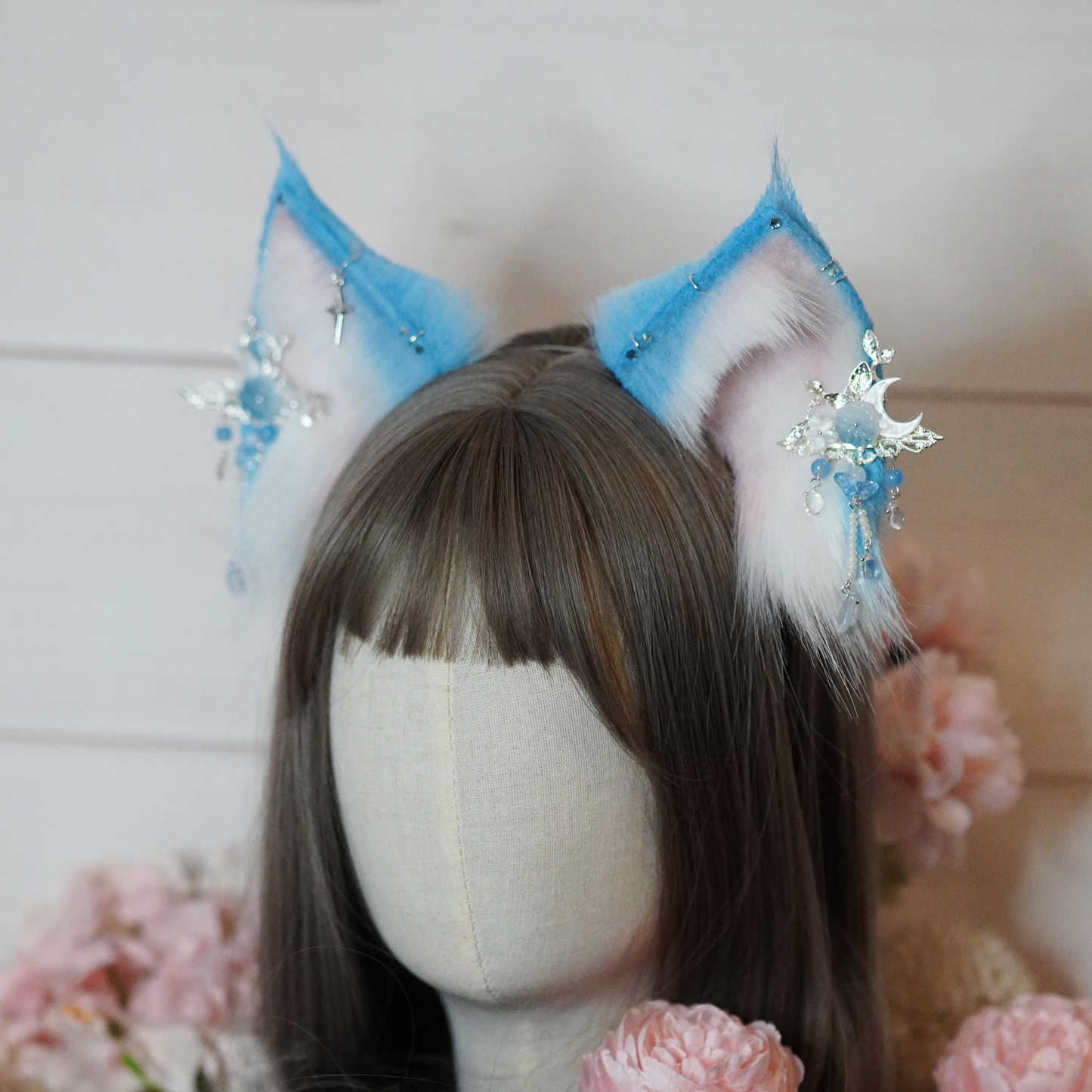 Ready to ship - Blue and Nude Fantasy Kitsune Cosplay Ears With Charms