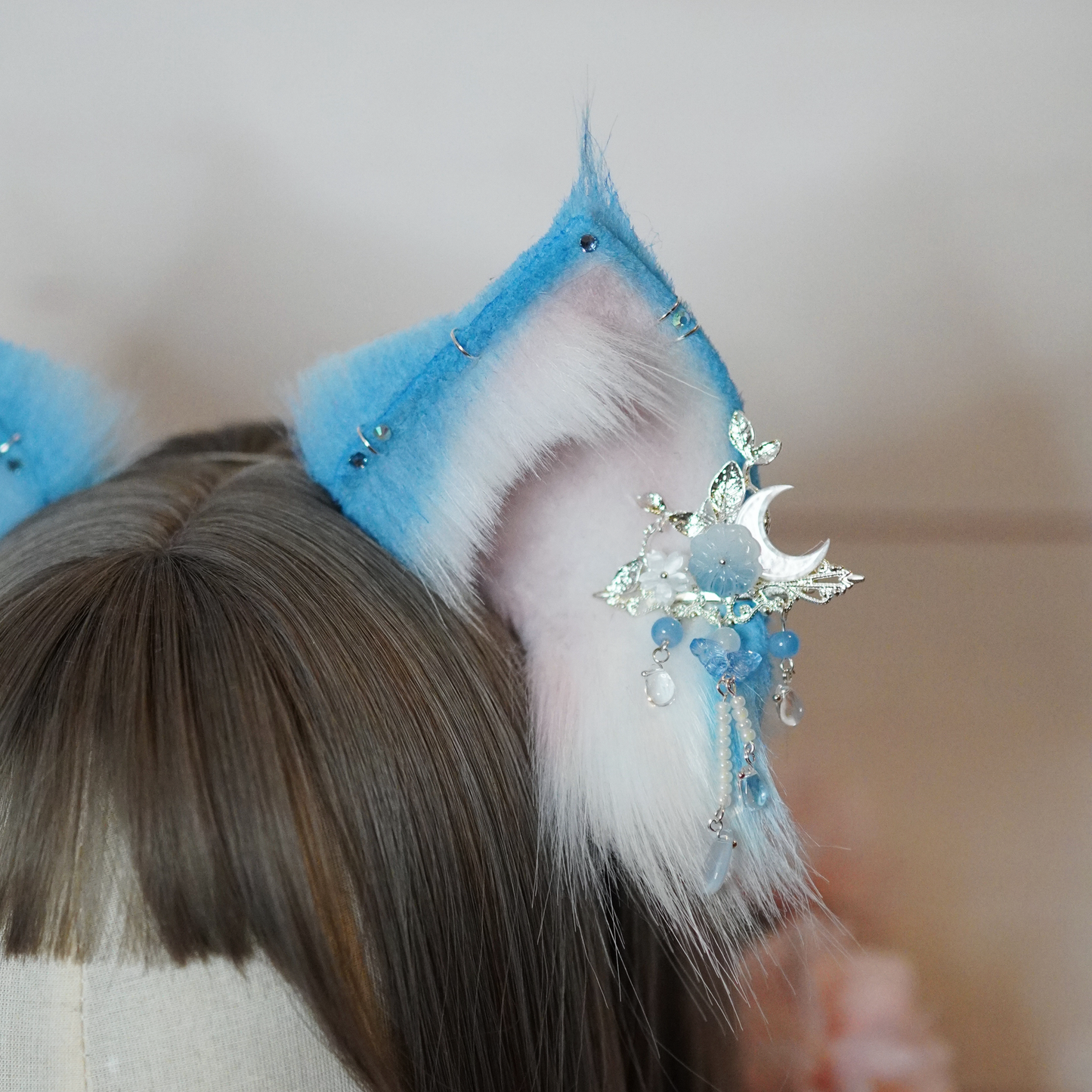 Ready to ship - Blue and Nude Fantasy Kitsune Cosplay Ears With Charms