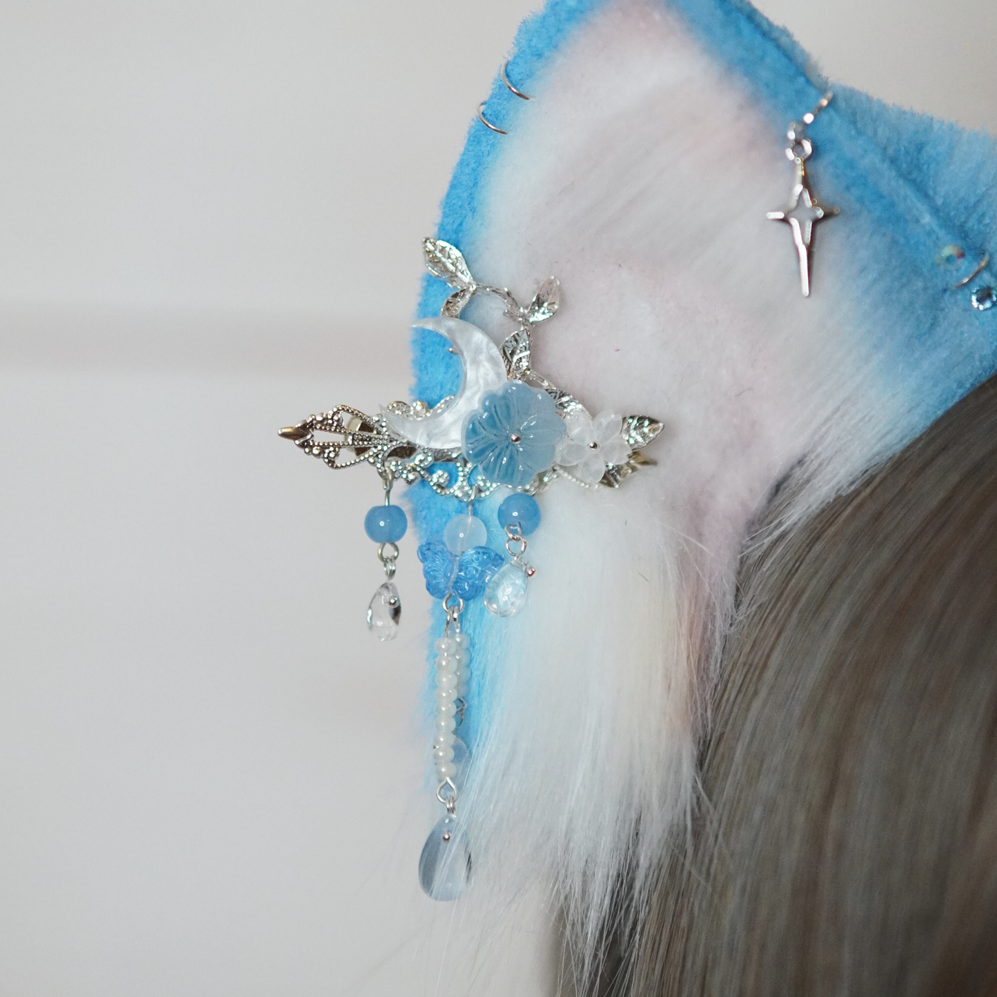 Ready to ship - Blue and Nude Fantasy Kitsune Cosplay Ears With Charms