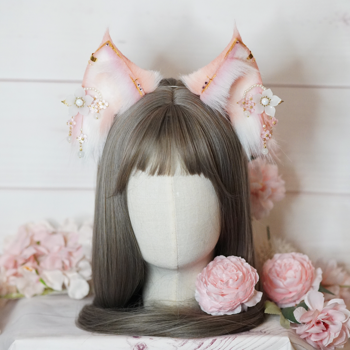 Ready to ship - Peach And Pink Fantasy Kitsune Cosplay Ears With Charms