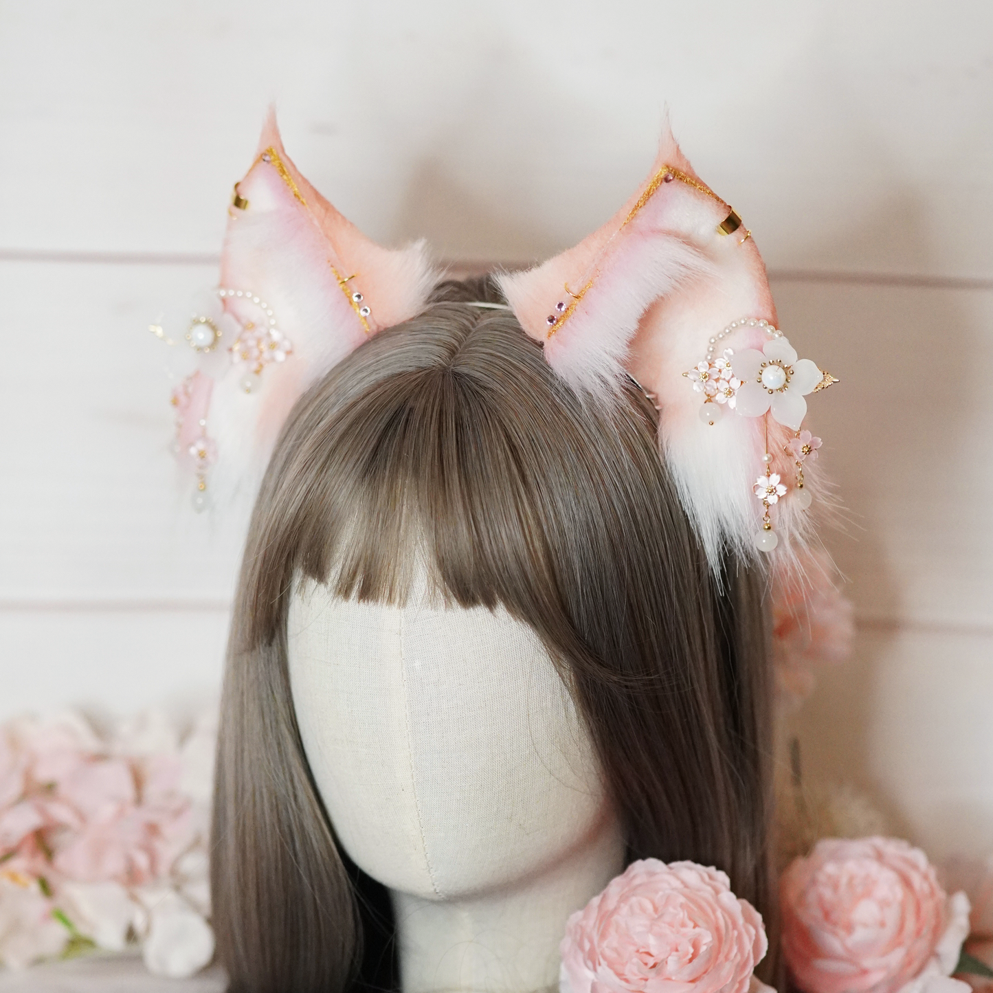Ready to ship - Peach And Pink Fantasy Kitsune Cosplay Ears With Charms