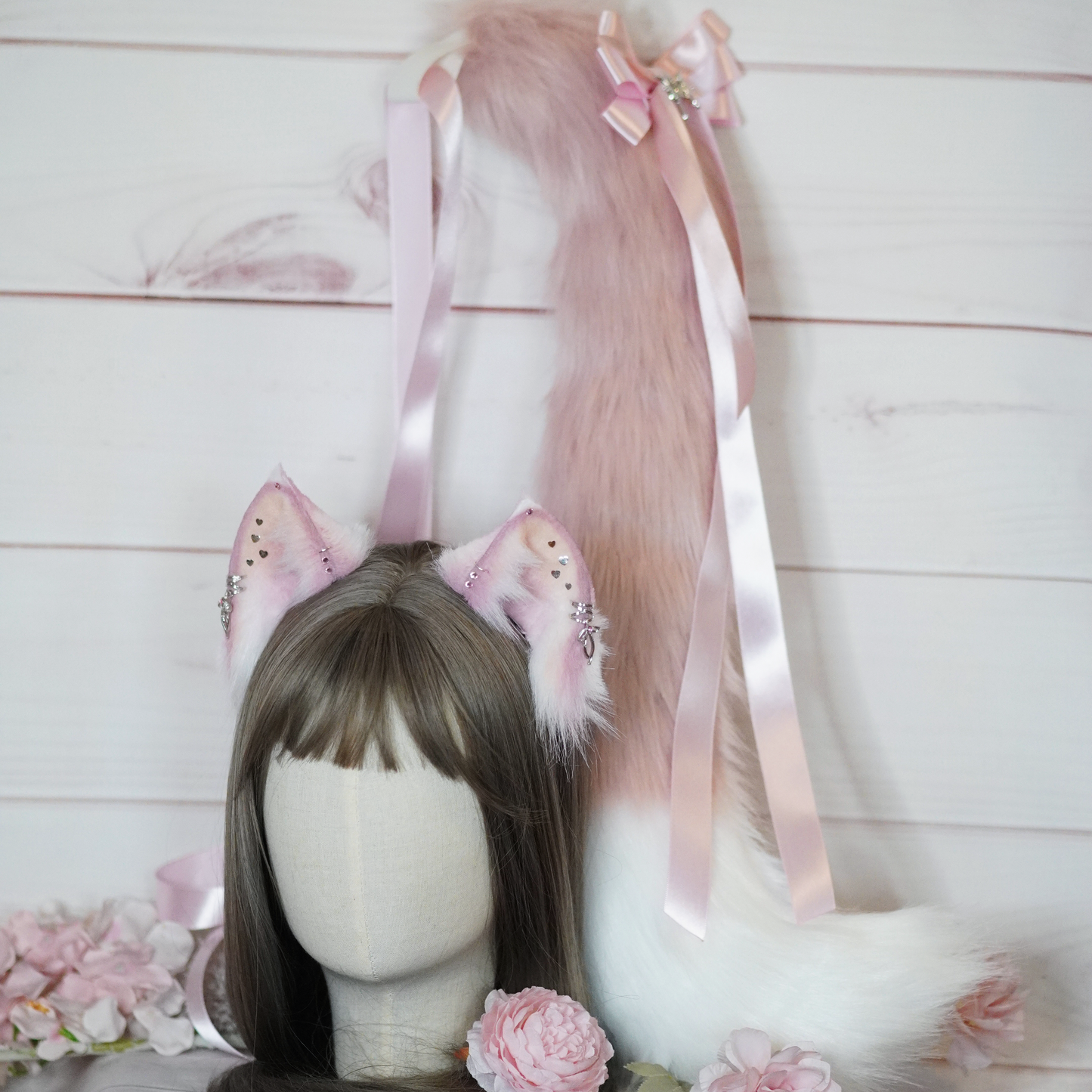 (Ready For Ship) Pink And White Fantasy Charming Cat Ears + Tail