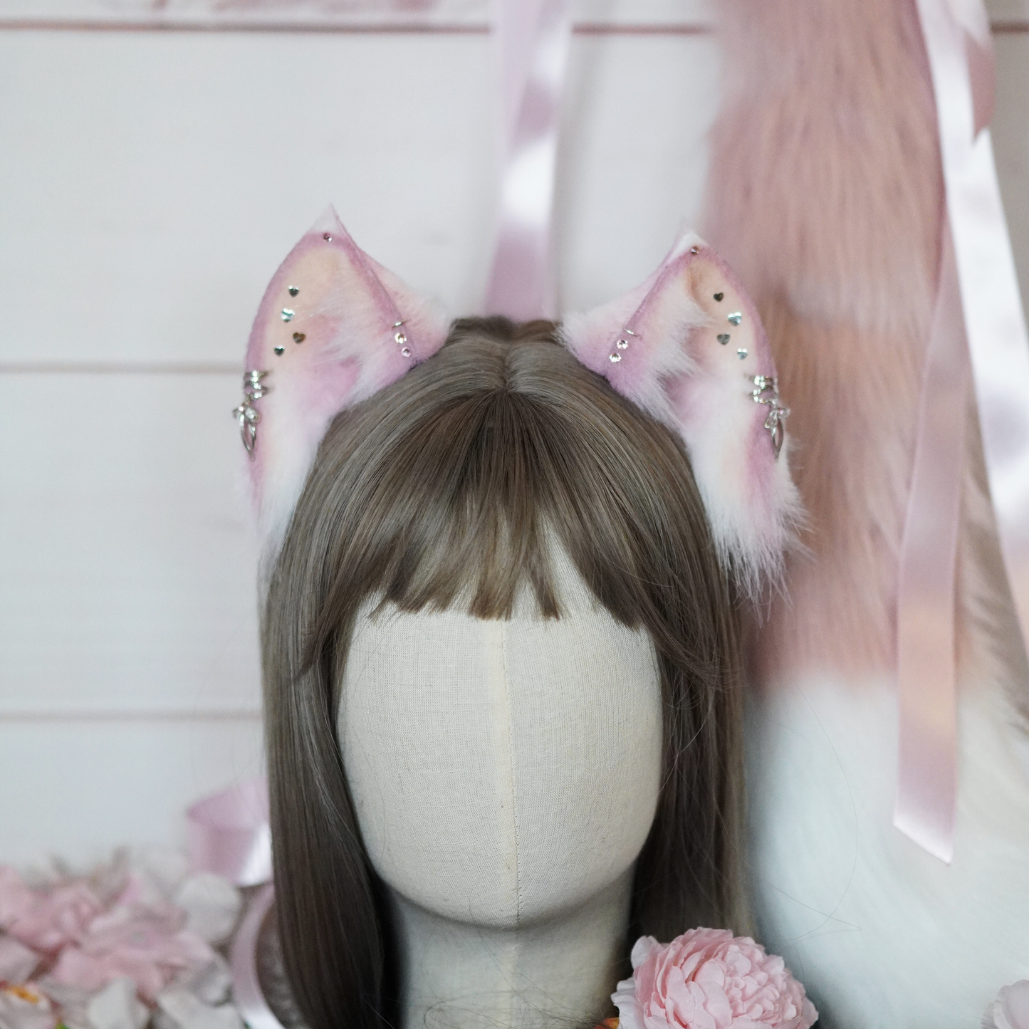 (Ready For Ship) Pink And White Fantasy Charming Cat Ears + Tail