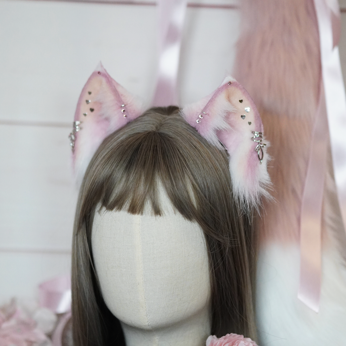 (Ready For Ship) Pink And White Fantasy Charming Cat Ears + Tail