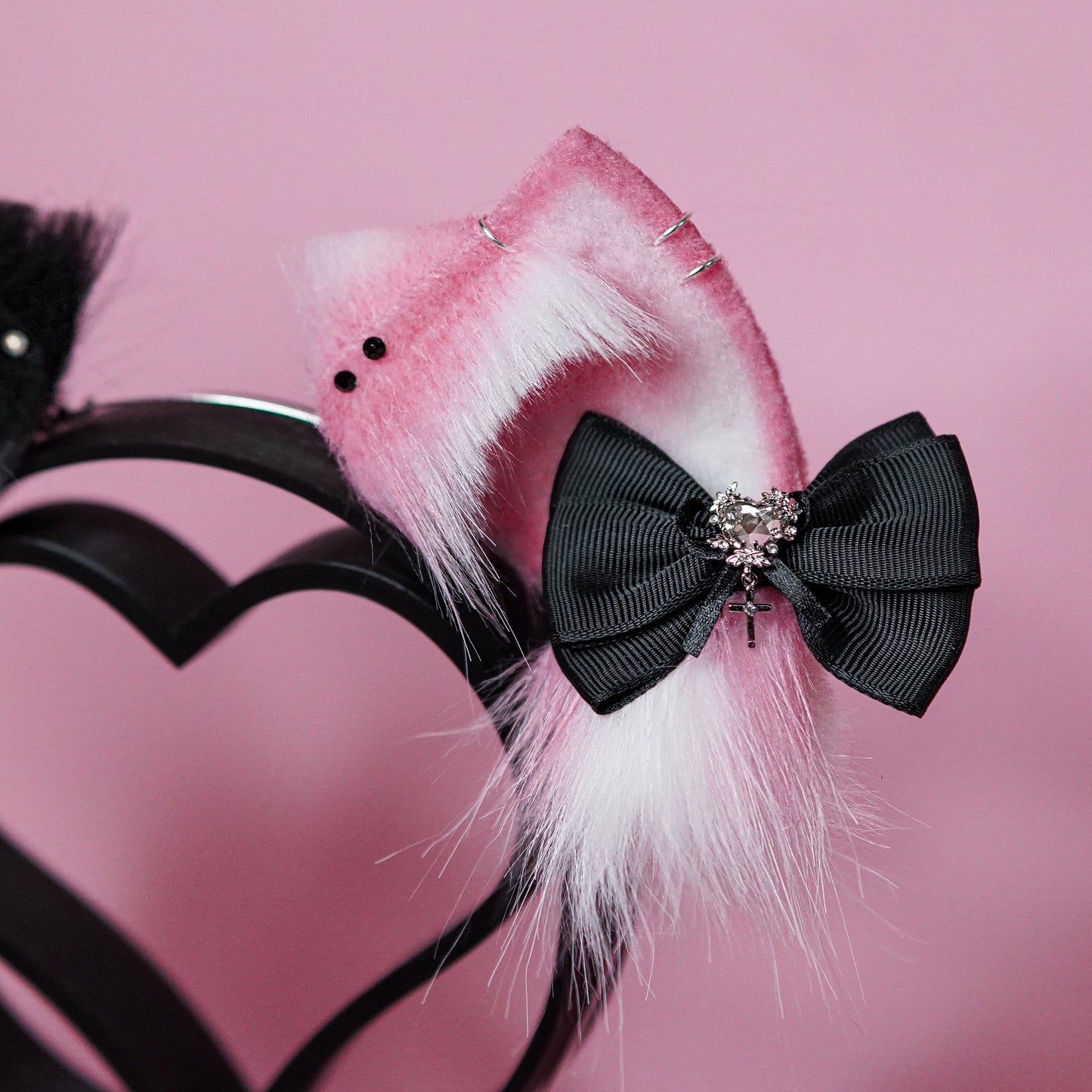 Unmatched Cat Ears in black and pink with charms